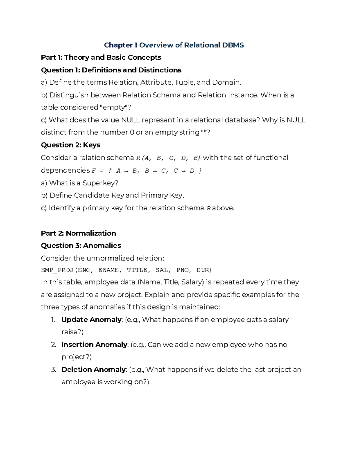 C1 - Exercises on Relational DBMS: Theory, Keys, and Normalization ...