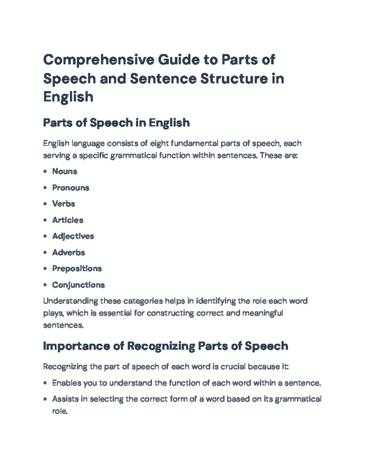 Comprehensive Study Guide: Parts of Speech & Sentence Structure (ENG101 ...