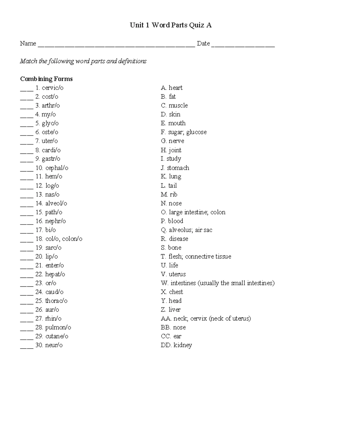 CH 1 Word Parts Quiz B: Matching Definitions and Combining Forms - Studocu