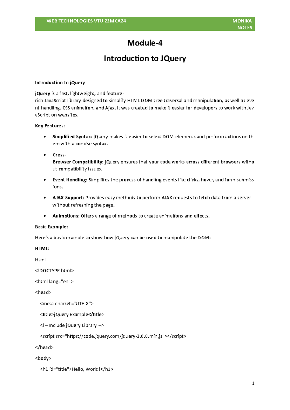 4TH Module WEB - jQuery Overview and Key Features Notes - Studocu