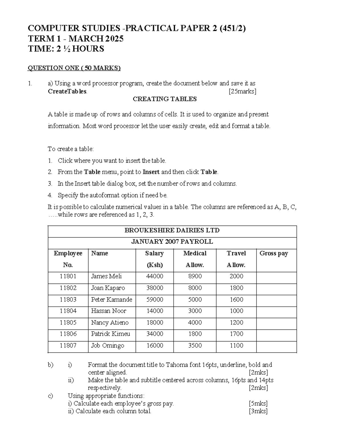 Computer Studies F4T1 Practical 2025 - Creating Tables and Payroll ...