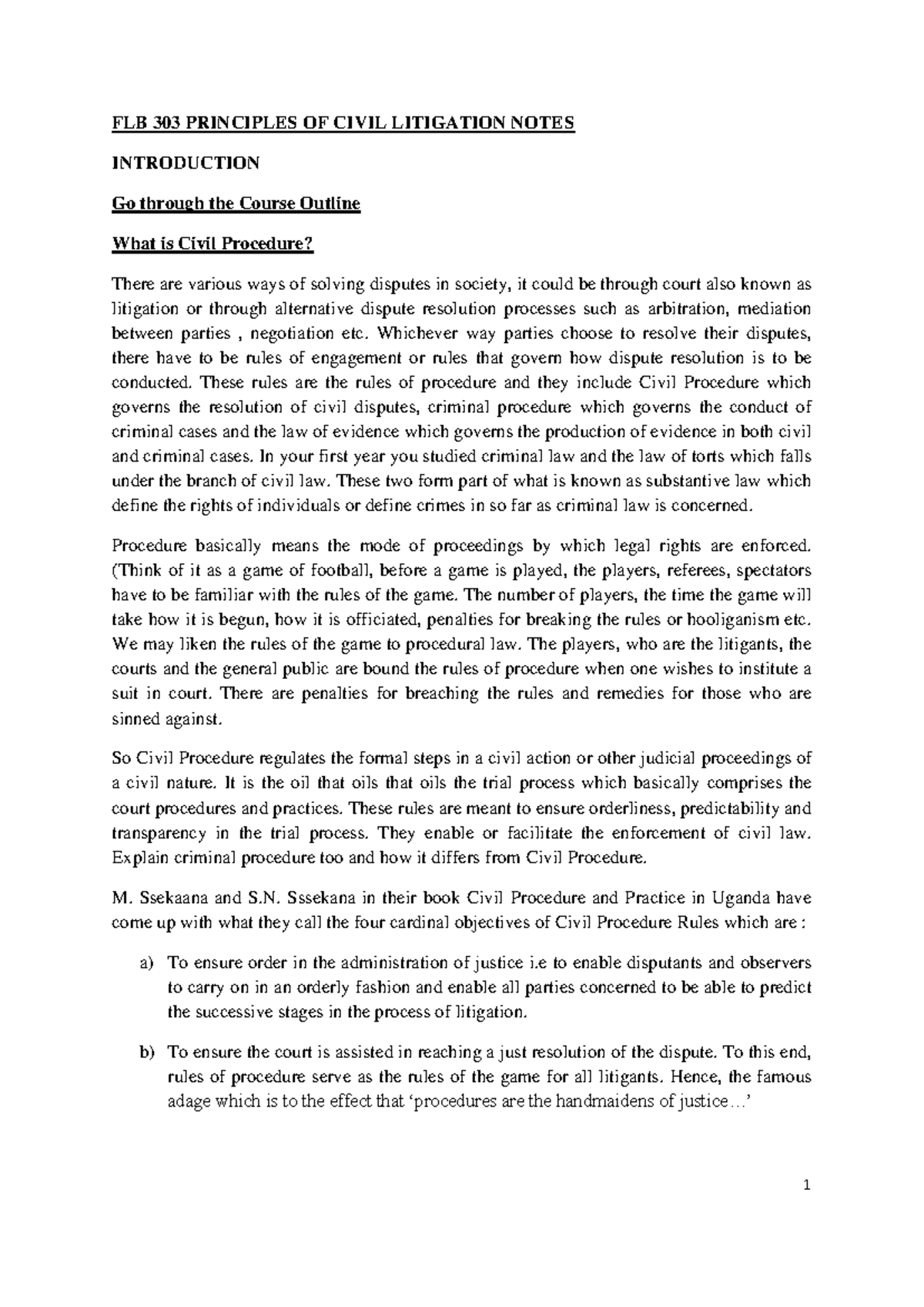 FLB 303 CIVIL PROCEDURE COMPILED NOTES: INTRODUCTION & OVERVIEW - Studocu