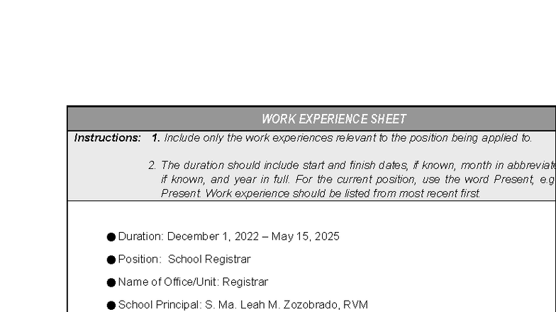CS Form No. 212 Attachment - Work Experience Sheet - Studocu