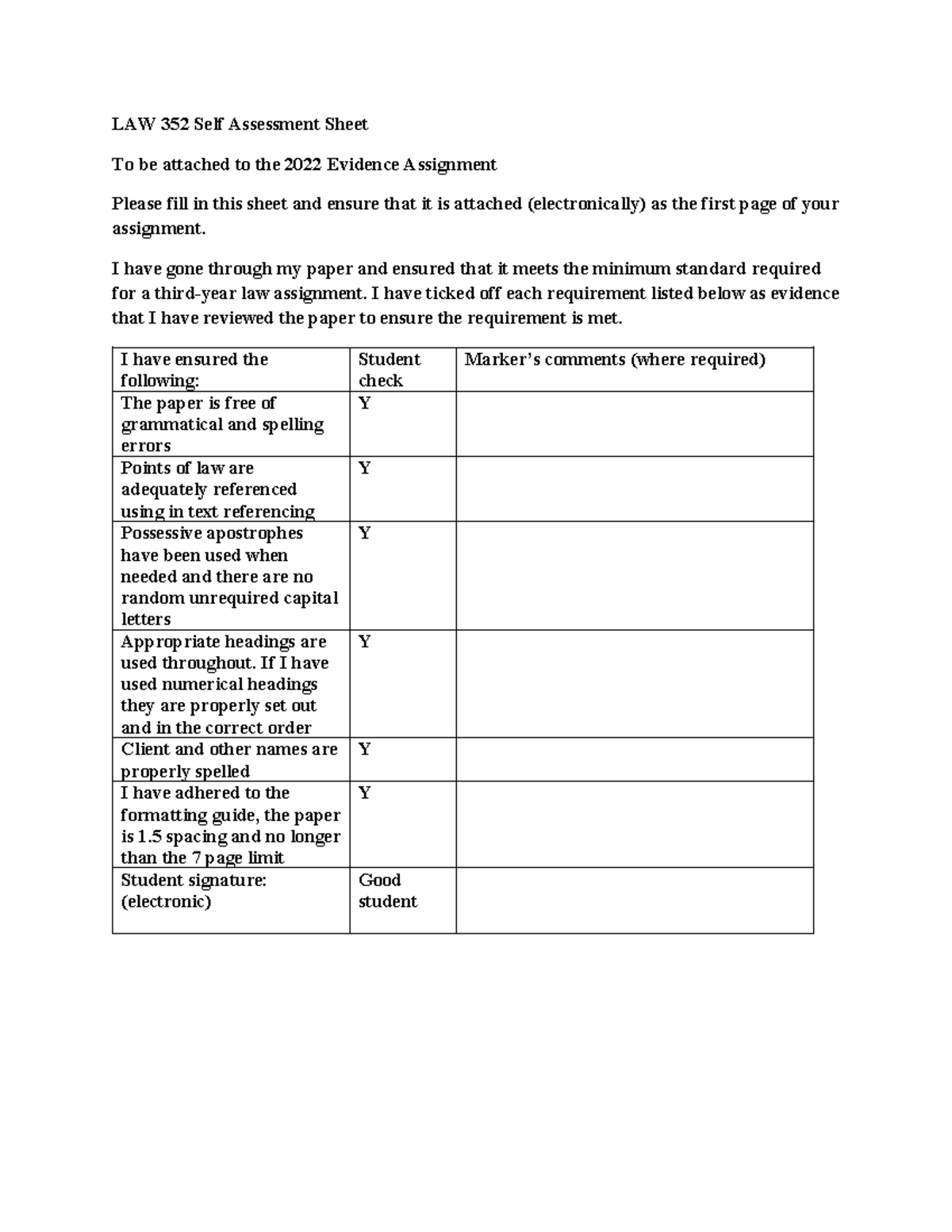 LAW 352 Evidence Assignment Self-Assessment Sheet for 2022 - Studocu