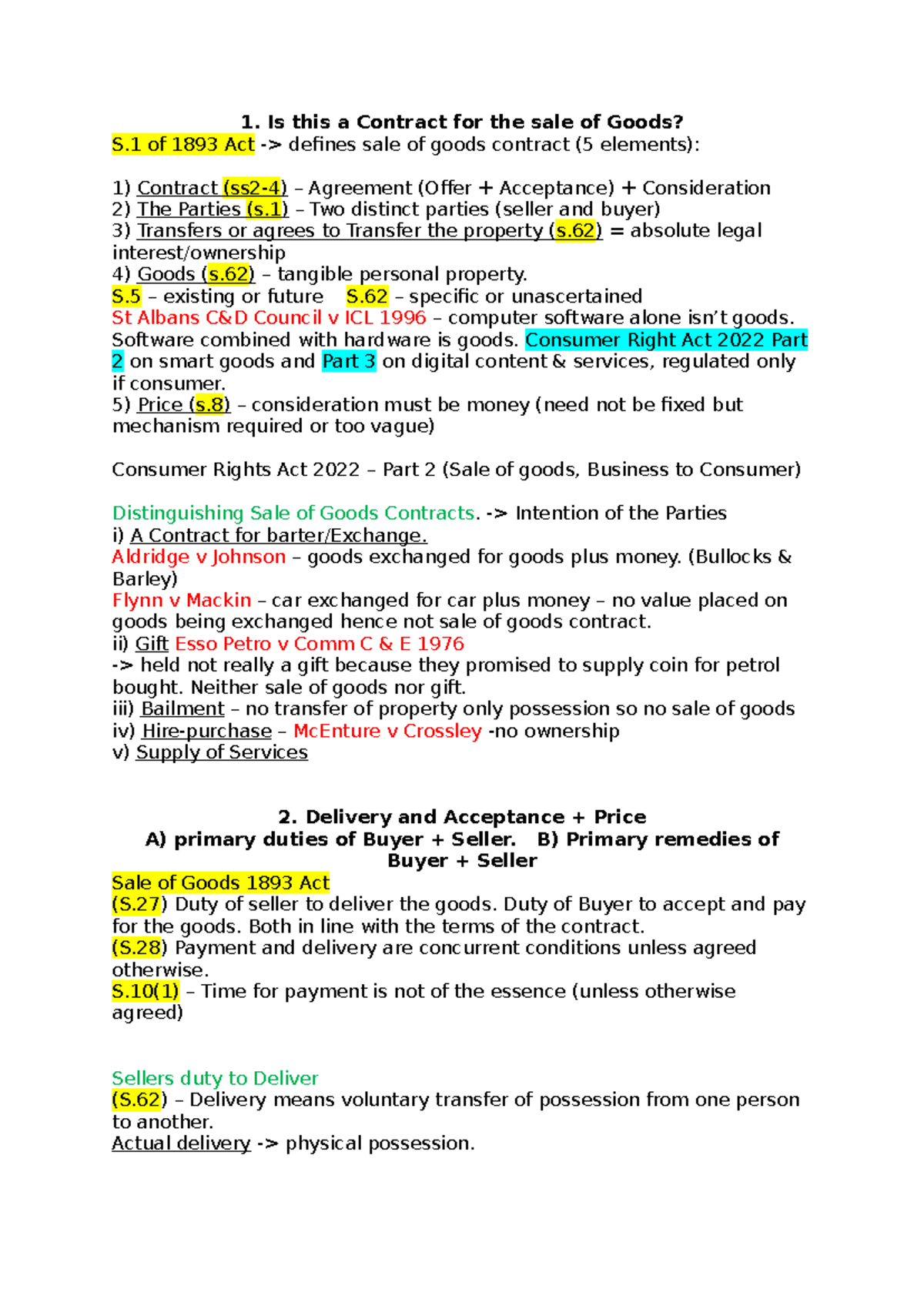 Sale of Goods Law - Exam Prep Material for Contract Analysis - Studocu