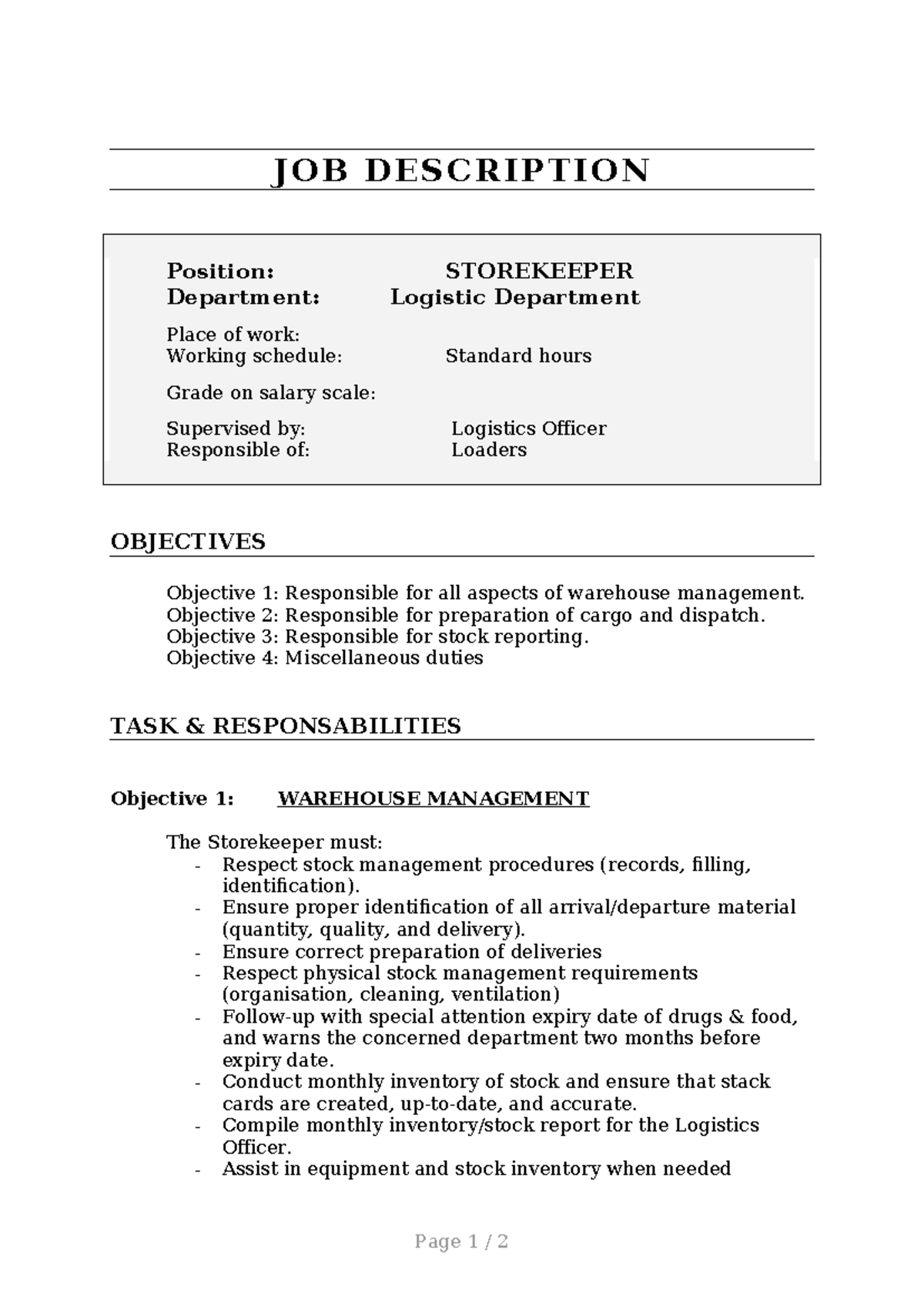 9 17 - okay , - J OB DESC RI PTI ON Position: STOREKEEPER Department ...