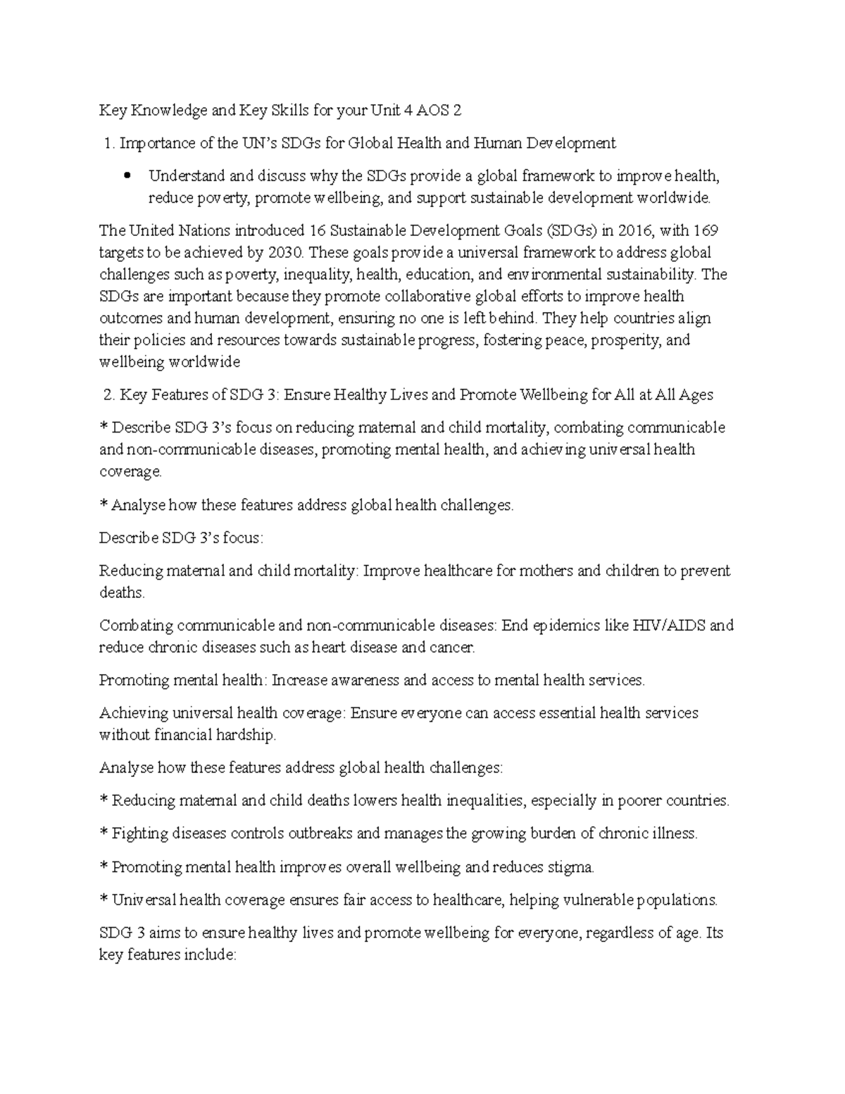 Unit 4 AOS 2: Understanding SDGs for Global Health & Development - Studocu