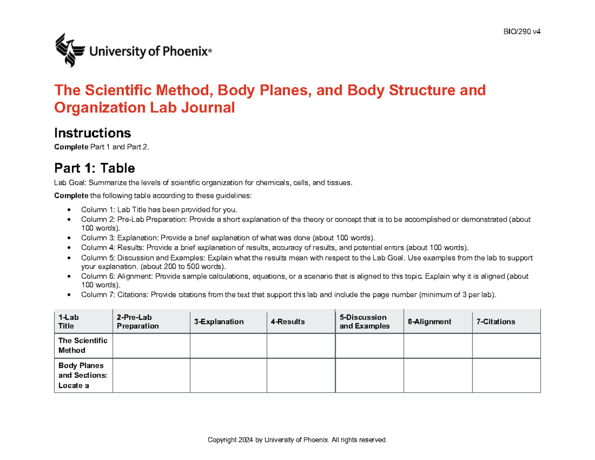 BIO290 v4 Week 1 Lab Journal: Scientific Method & Body Organization ...