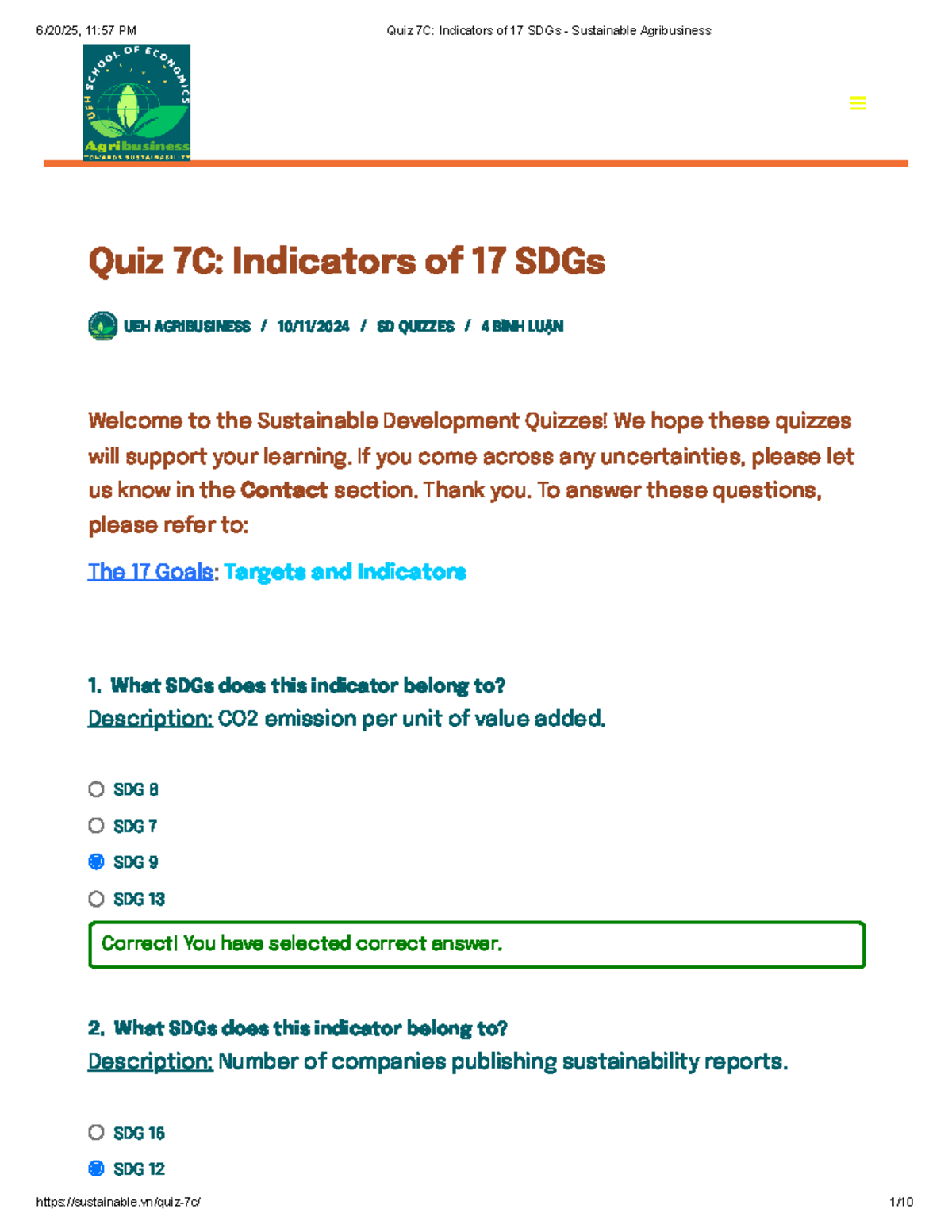 Quiz 7C: Indicators of 17 SDGs in Sustainable Agribusiness - Studocu