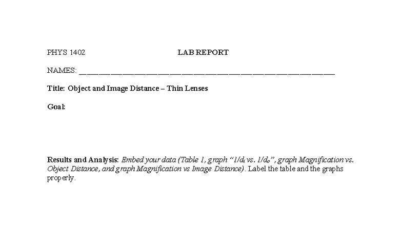 PHYS 1402 - Lab 8 Report: Object & Image Distance with Thin Lenses ...