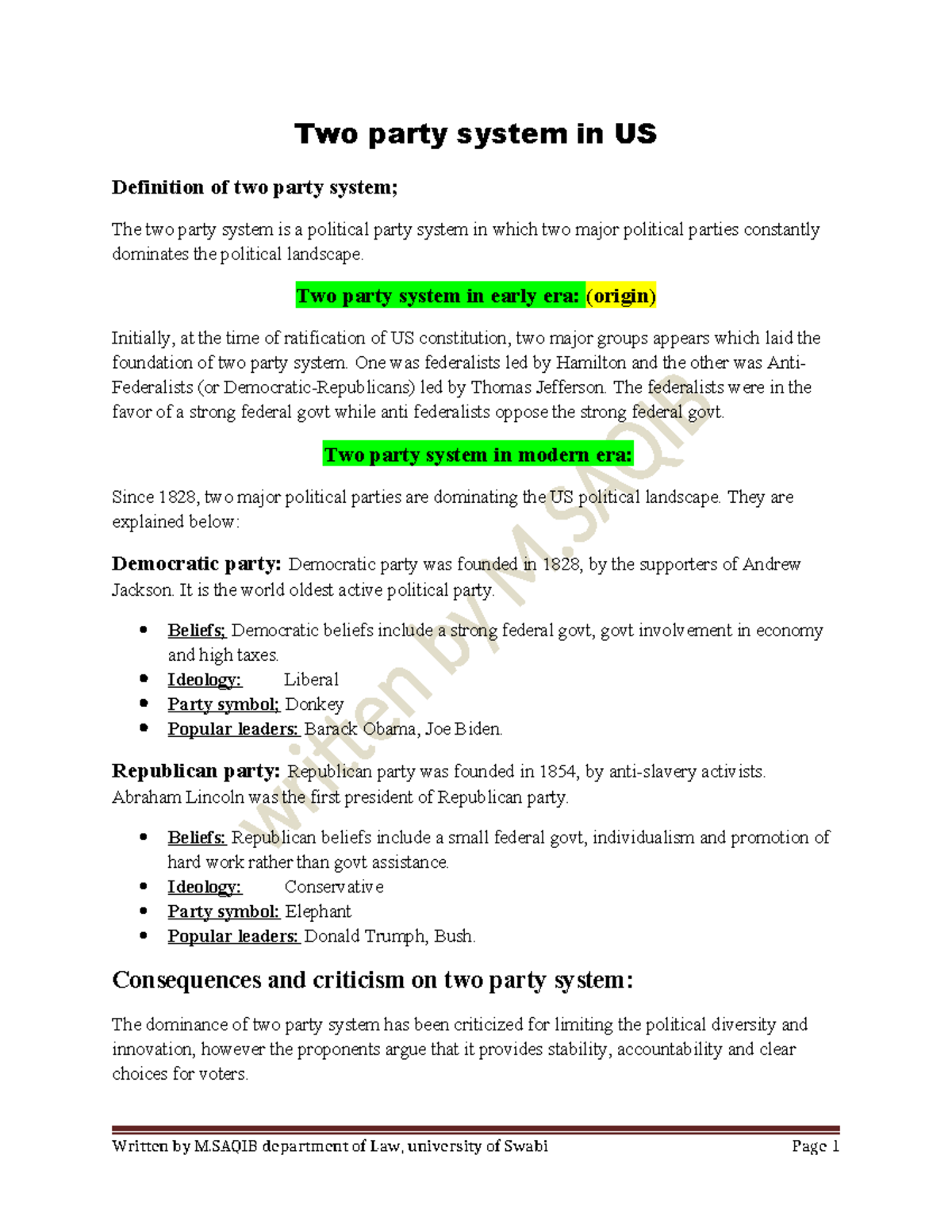 Law of Tort Notes: Overview of the US Two Party System - Studocu