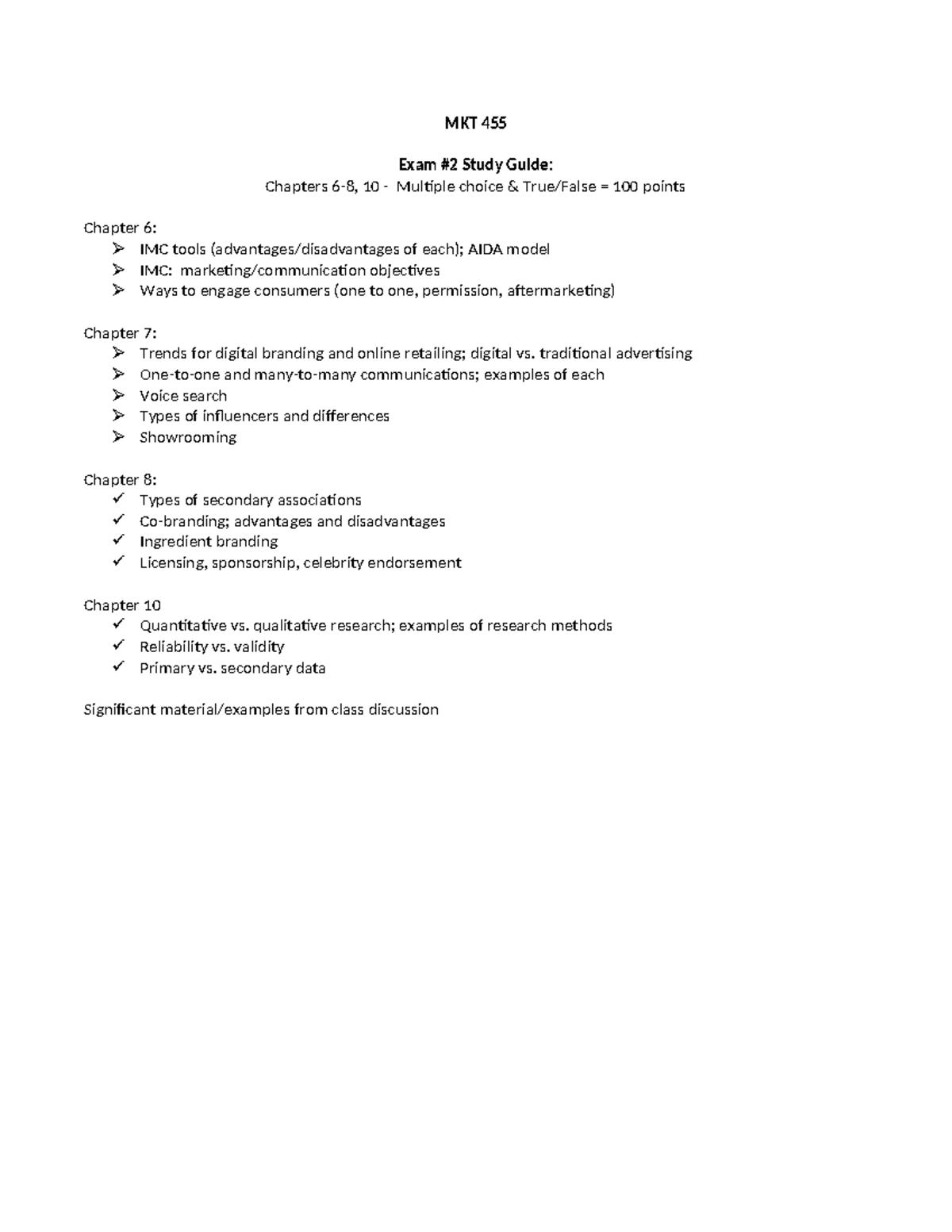 MKT 455 Exam #2 Study Guide: Chapters 6-8, 10 - Studocu