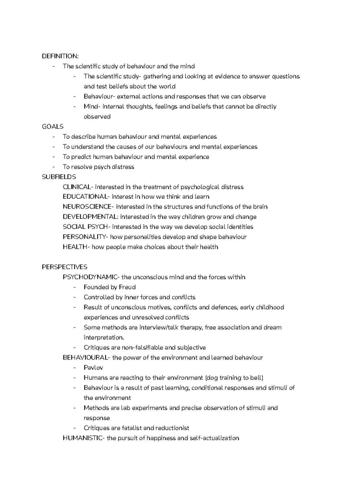 Psych 101 Midterm Study Notes: Understanding Human Behavior and ...