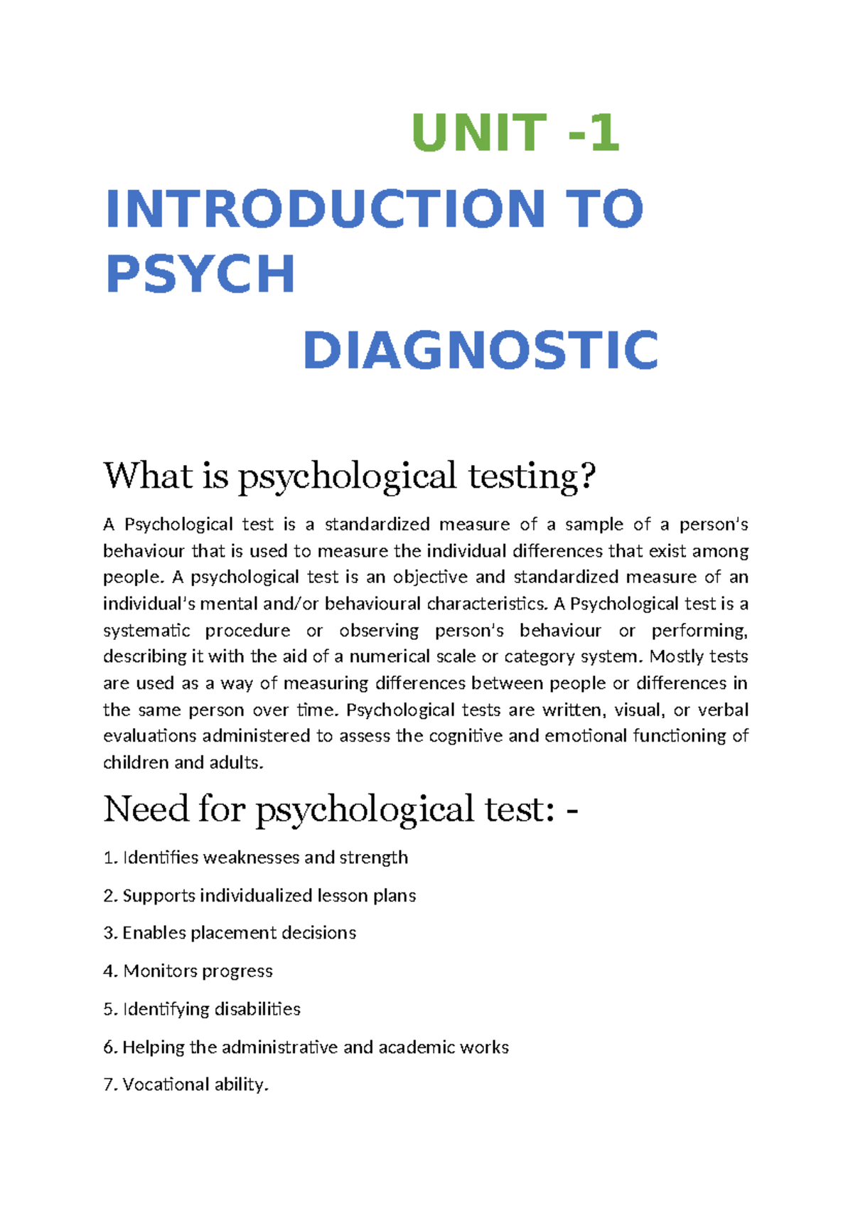 PSY 101: Unit 1 - Introduction to Psychological Diagnostics and Testing ...