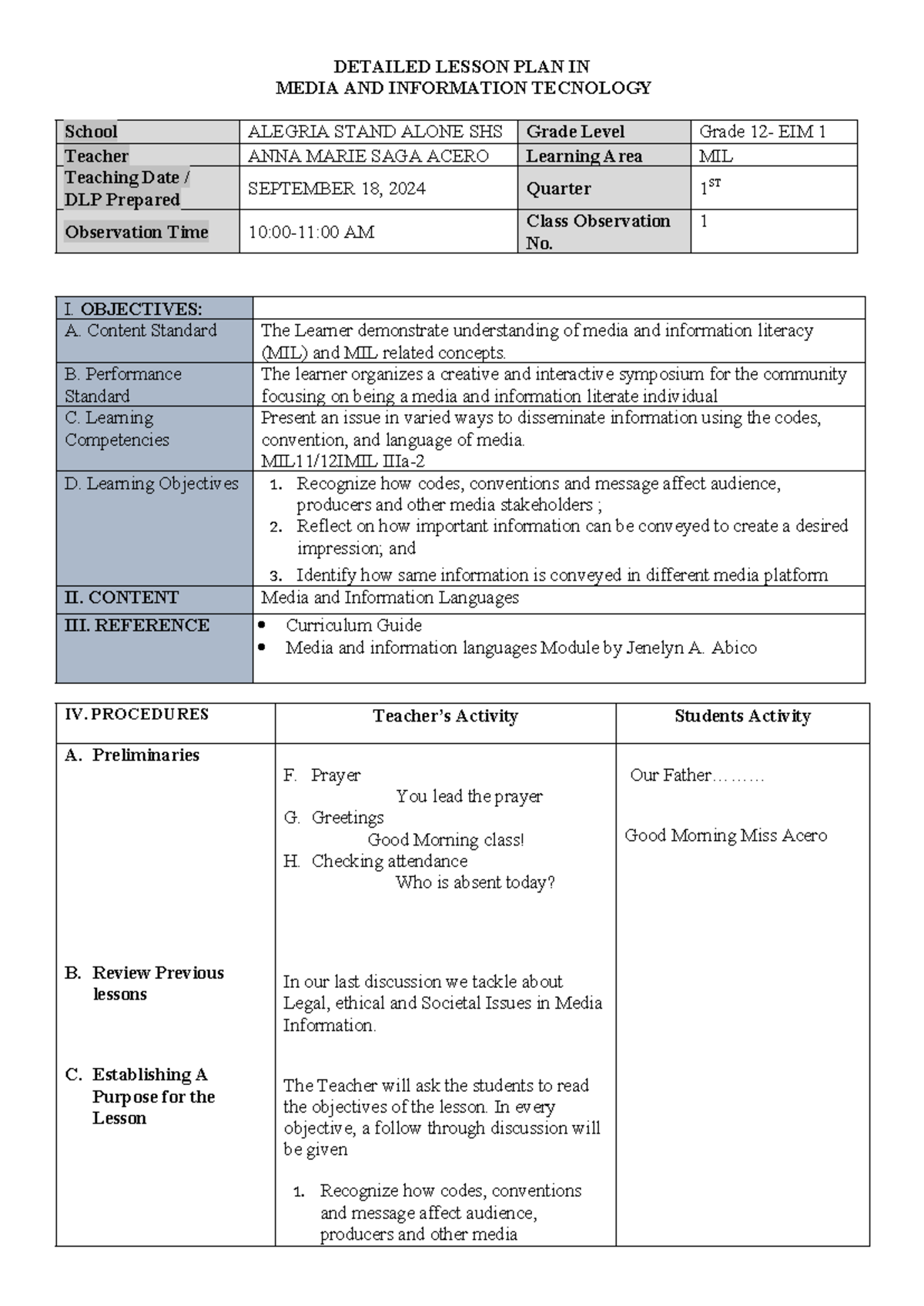 MIL DLP - Detailed Lesson Plan on Media and Information Literacy (MIL ...