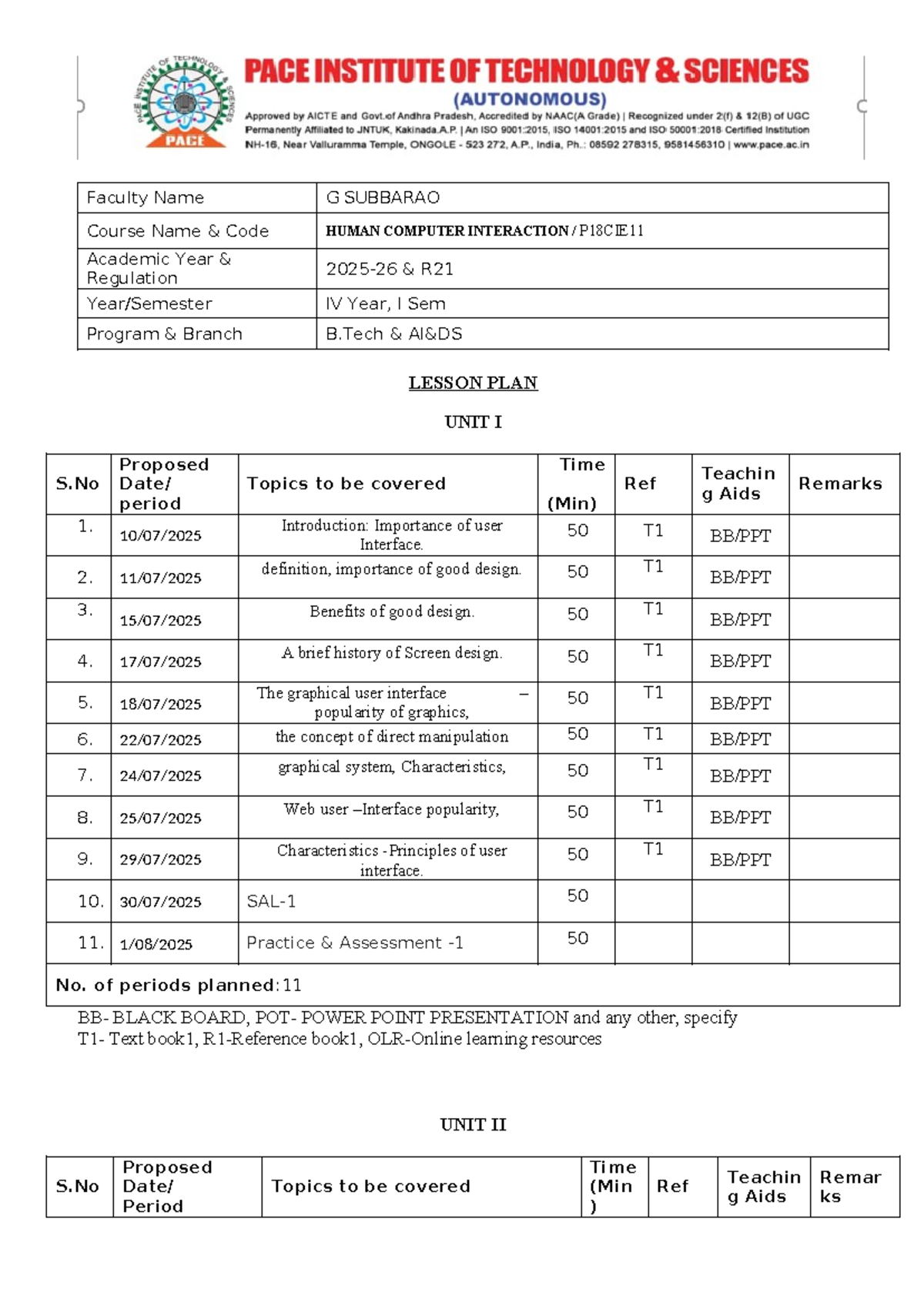 HCI P18CIE11 Lesson Plan for Unit I - Human Computer Interaction - Studocu