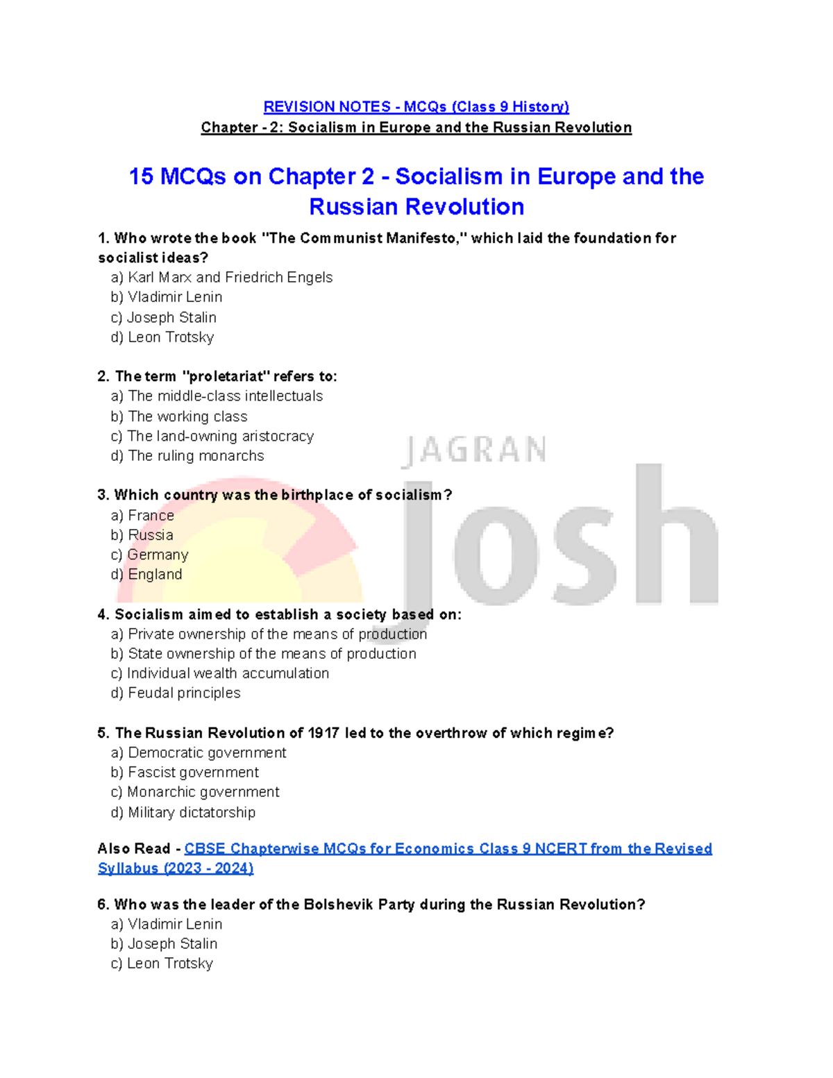 Class 9 history ch 2 mcq pdf - REVISION NOTES - MCQs (Class 9 History ...