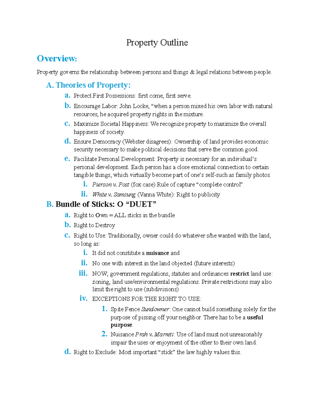 Property Law Outline: Theories, Rights, and Tenancy Structures - Studocu