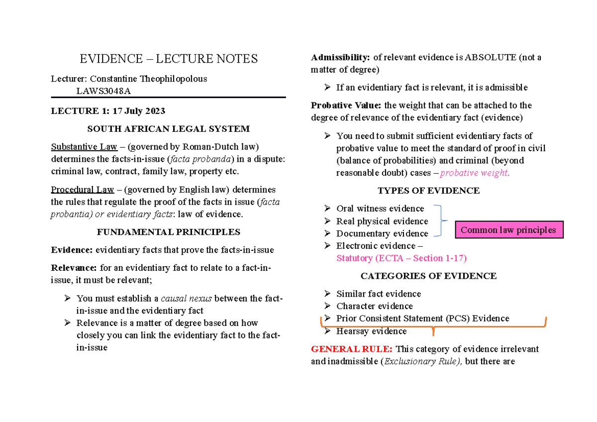 LAWS3048A Evidence Lecture Notes: Key Concepts and Principles - Studocu