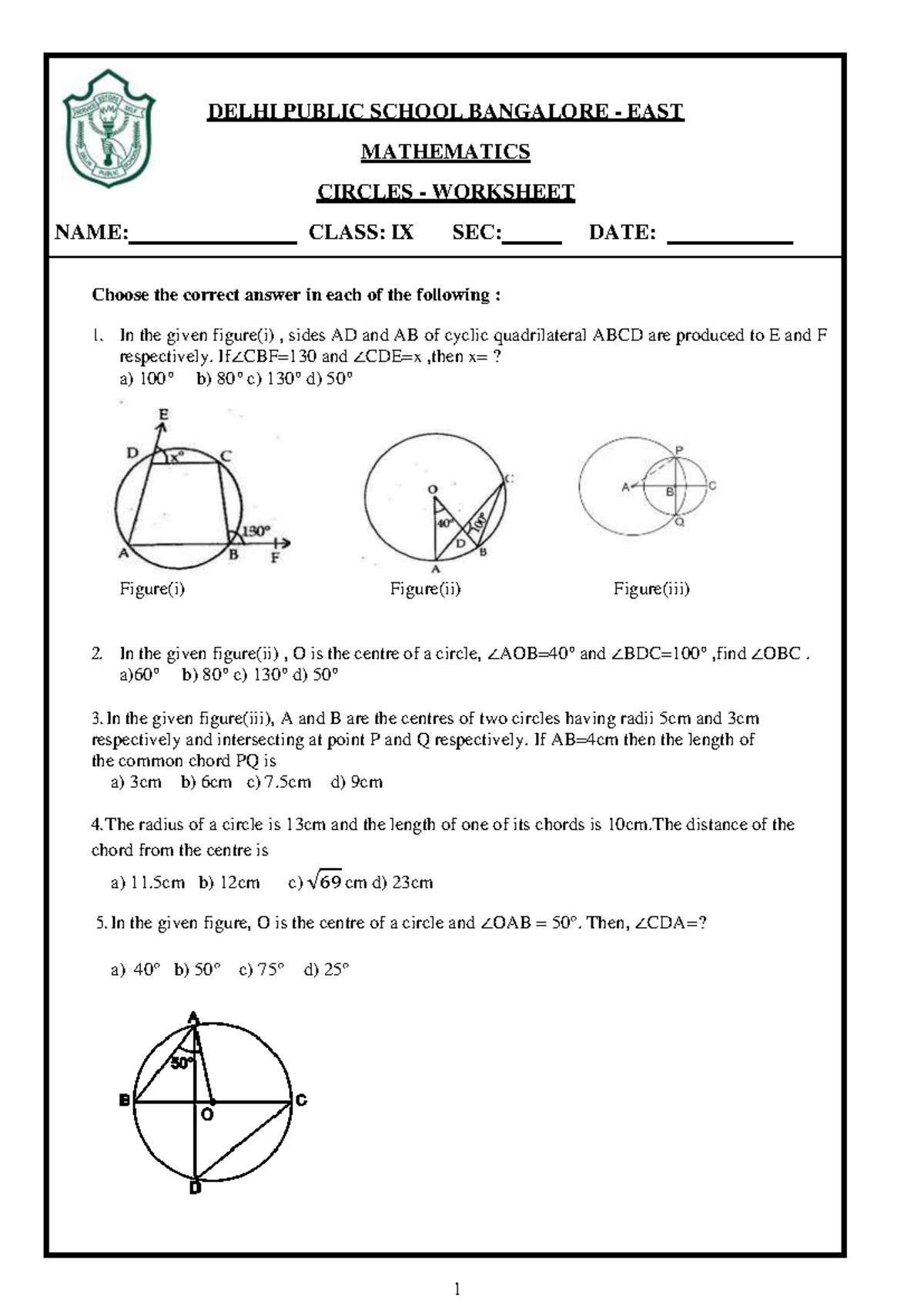 Mathematics Worksheet: Circles - Class IX (WS Circles) - Studocu