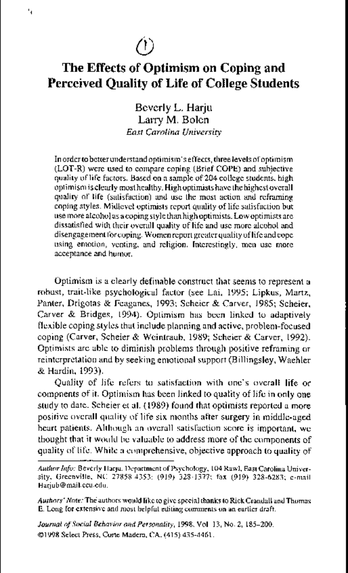Effects of Optimism on Coping College Students.asp - (D The Effects of ...
