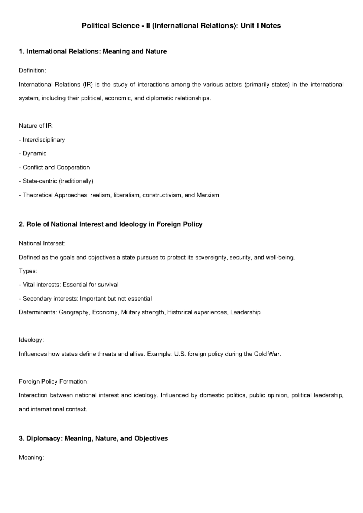 Political Science II (IR): Unit I Notes on International Relations ...
