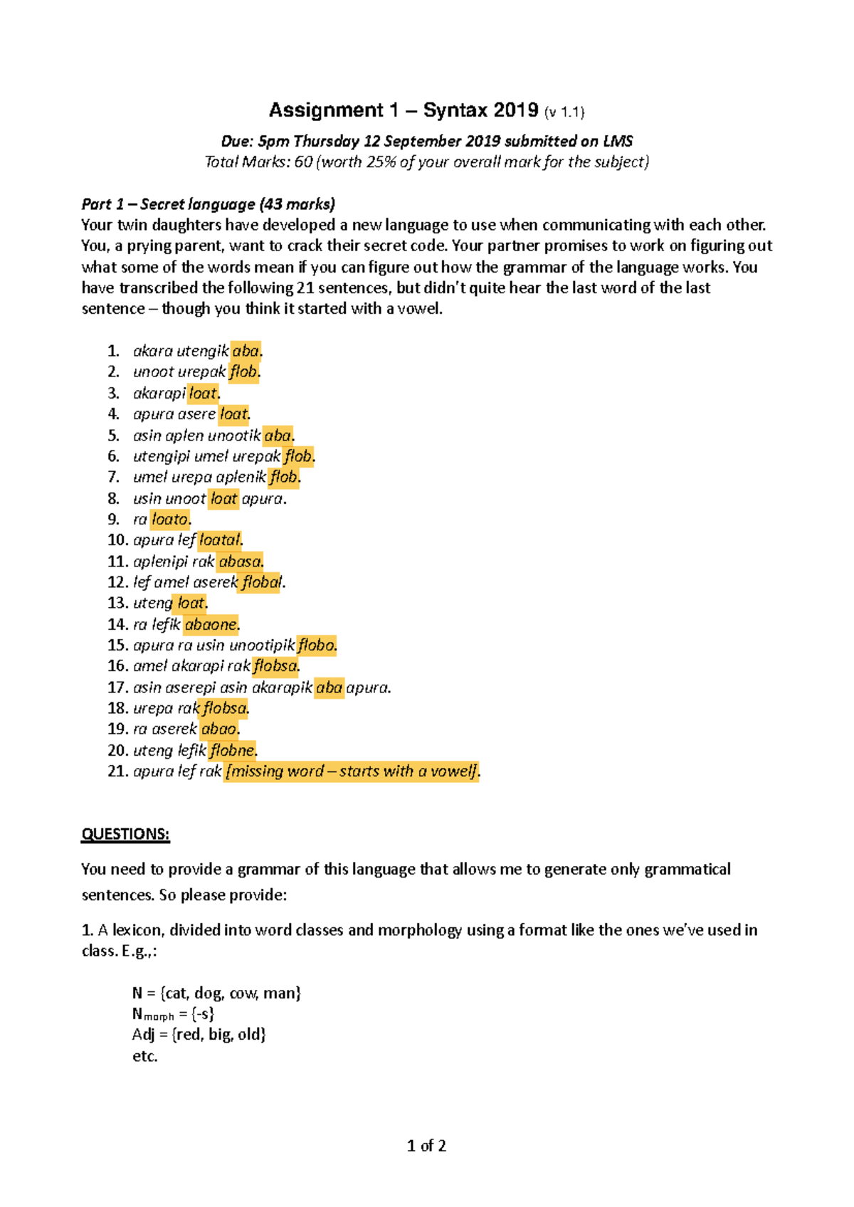 LING20006 Assignment 1: Syntax Analysis and Morphological Structure ...