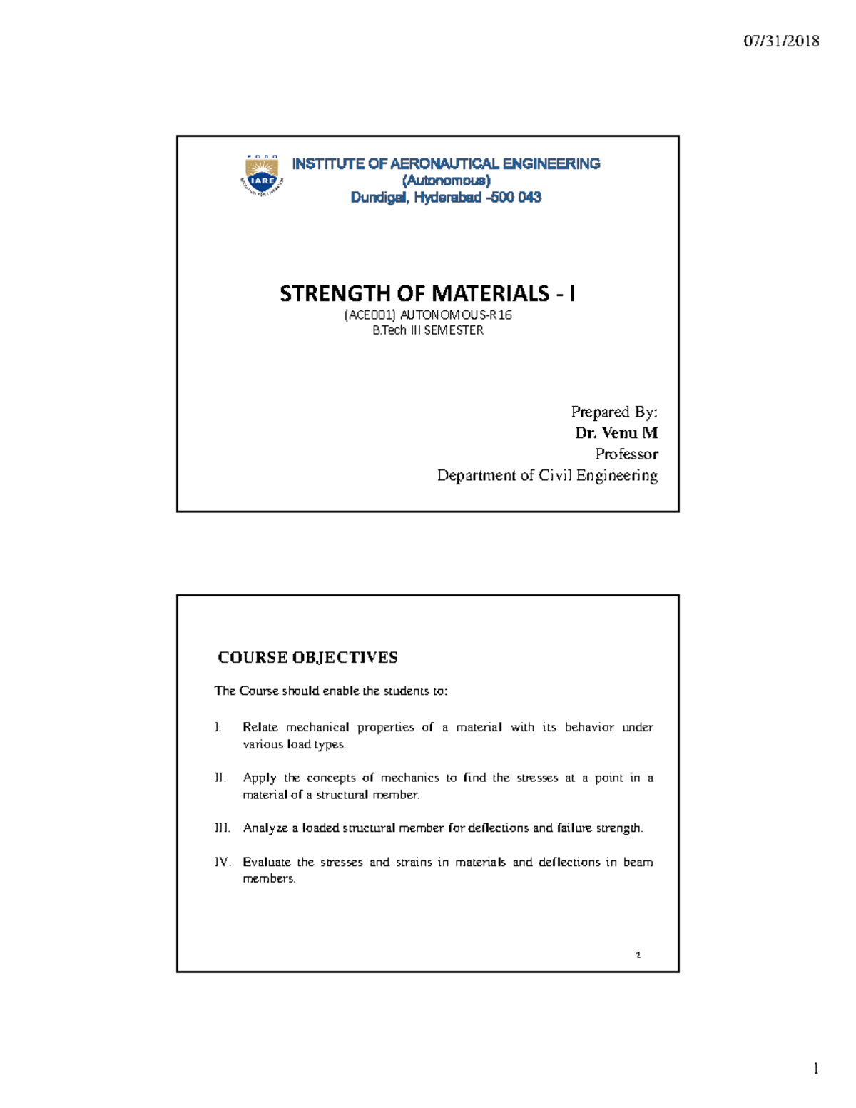 STRENGTH OF MATERIALS I (ACE001) B.Tech SEMESTER NOTES - Studocu