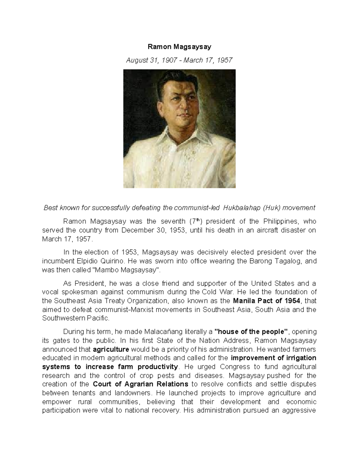 Ramon Magsaysay Talambuhay Short