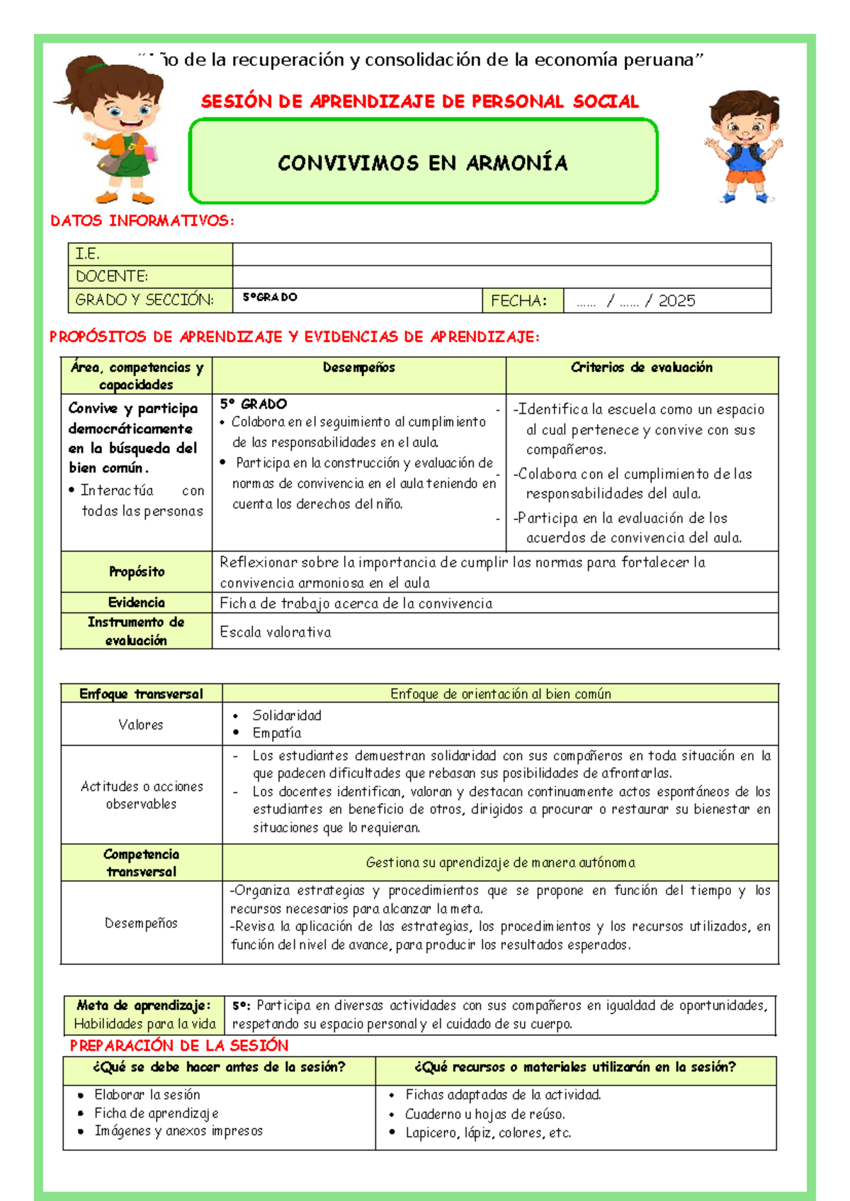 Aprendizaje de Convivencia Armoniosa - Personal Social 5TO GRADO - Studocu