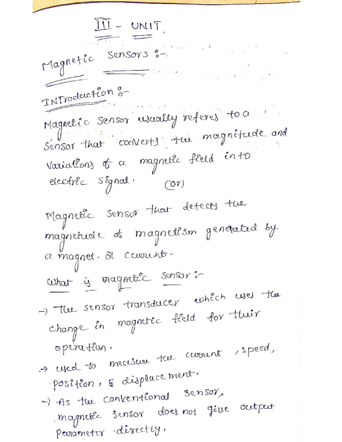 3 unit - notes - UNIT Magnetic sensors INTroduction a Sensor that ...