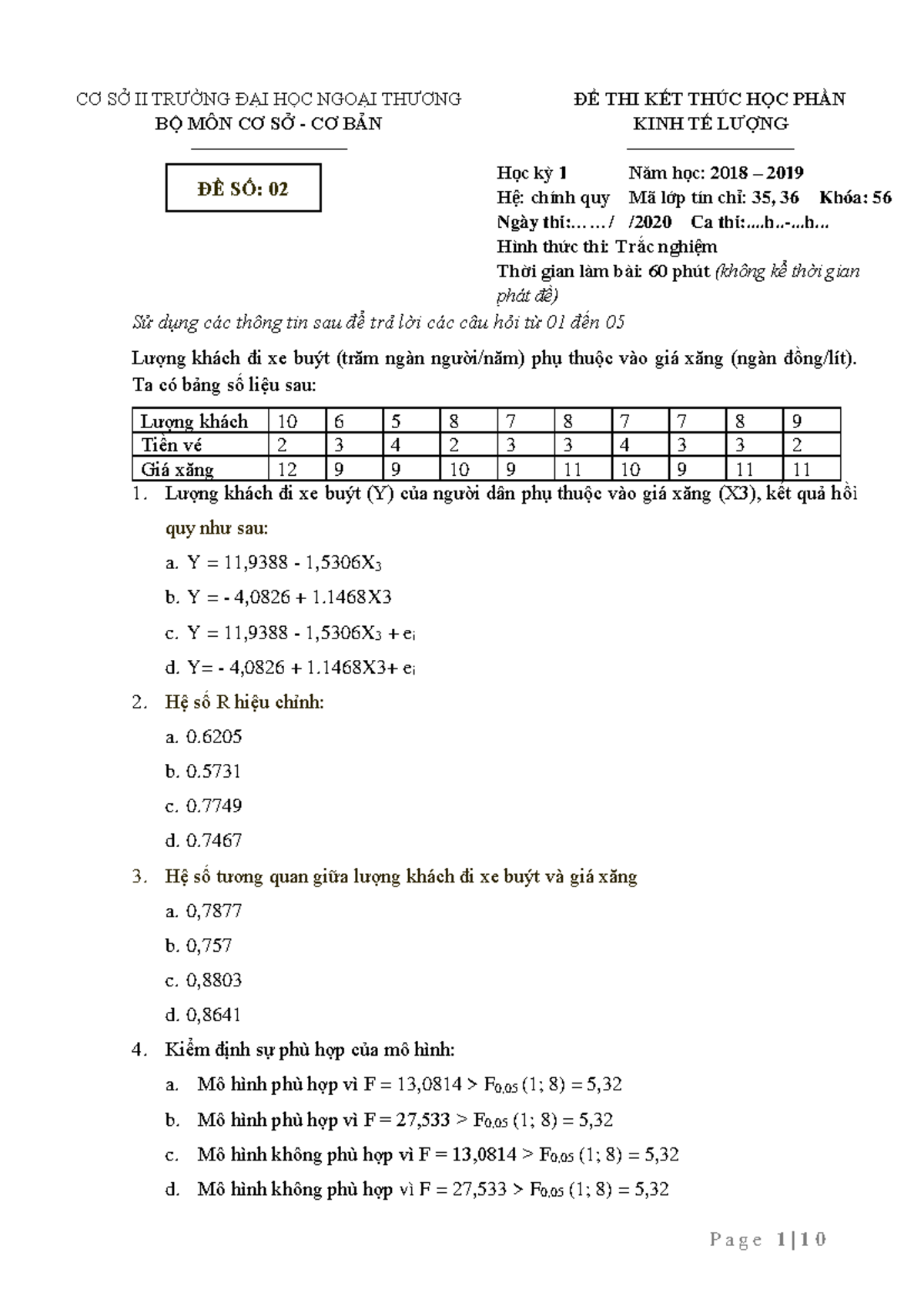 Đề thi Kinh tế lượng TC CK cô Bích Phương HK1 2018-2019 - Document Preview