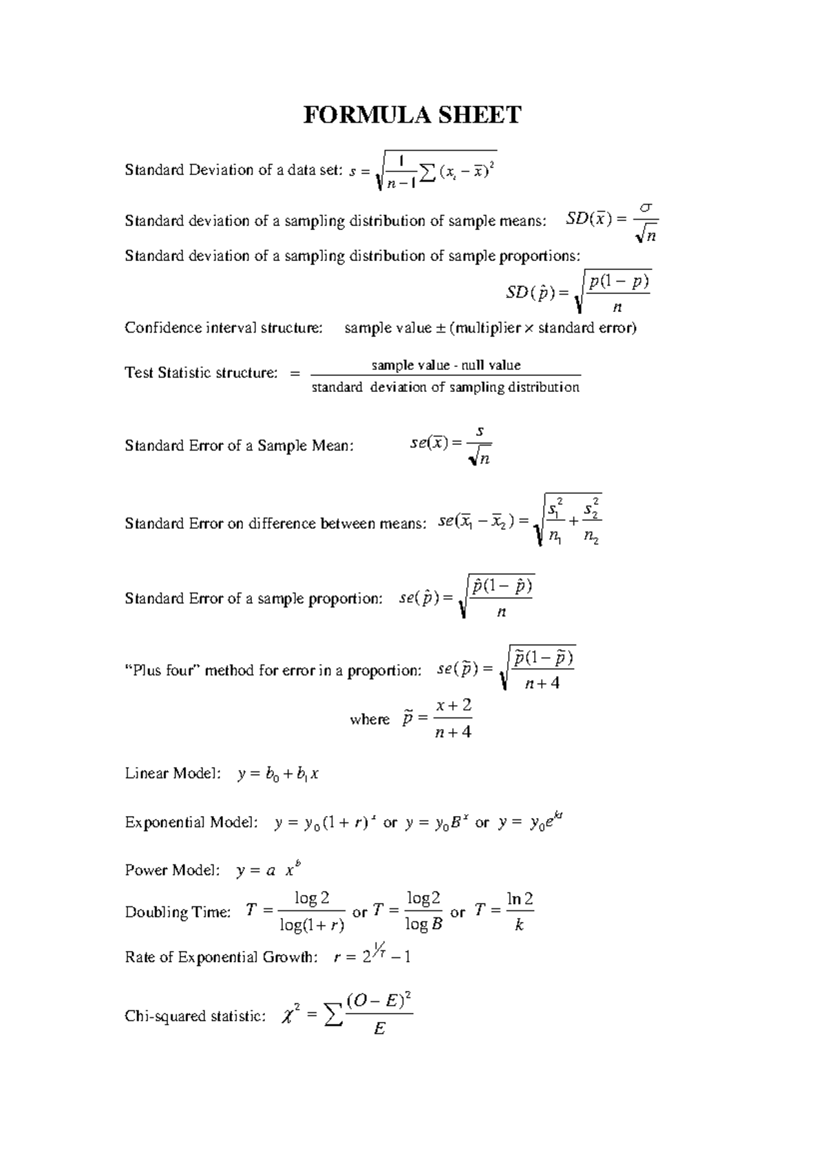 Formula Sheet and tables for Exam paper - FORMULA SHEET Standard ...