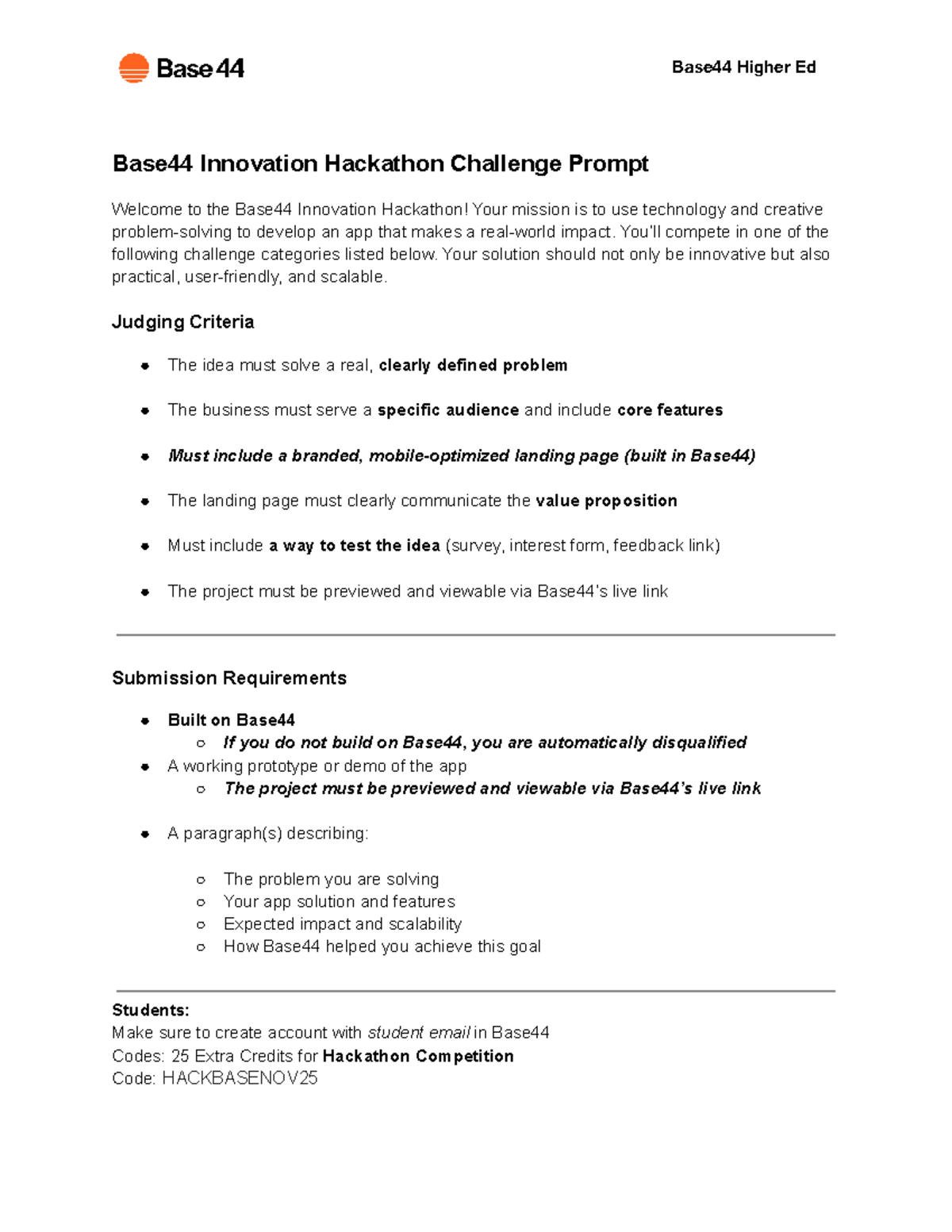Base44 Innovation Hackathon Challenge: Student Tech Solutions - Studocu