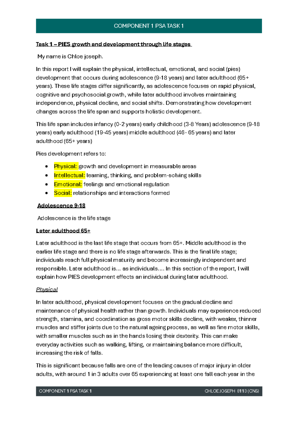 COMPONENT 1 PSA TASK 1: PIES Development Across Life Stages - Studocu