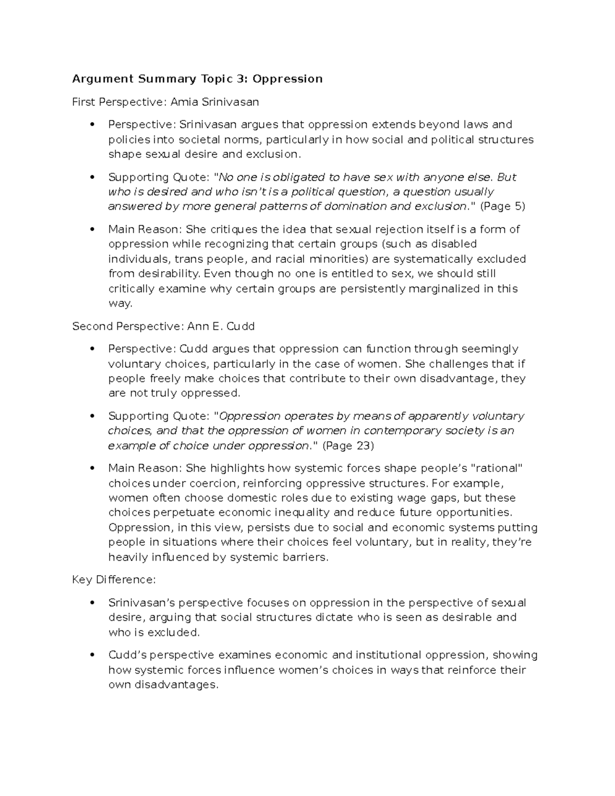 Argument summary 3: Perspectives on oppression by Srinivasan and Cudd ...