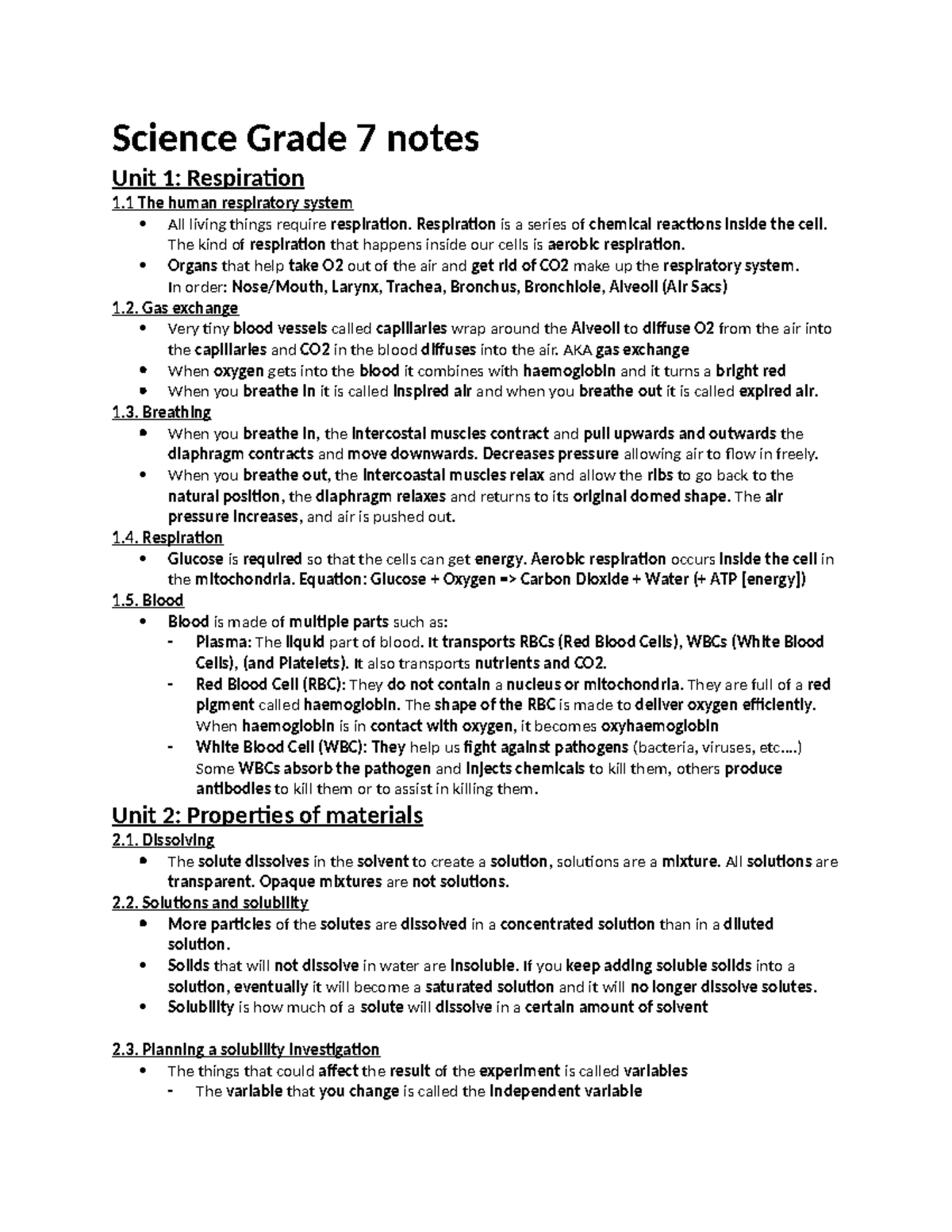 Science G7 - asd - Science Grade 7 notes Unit 1: Respiration 1 The ...
