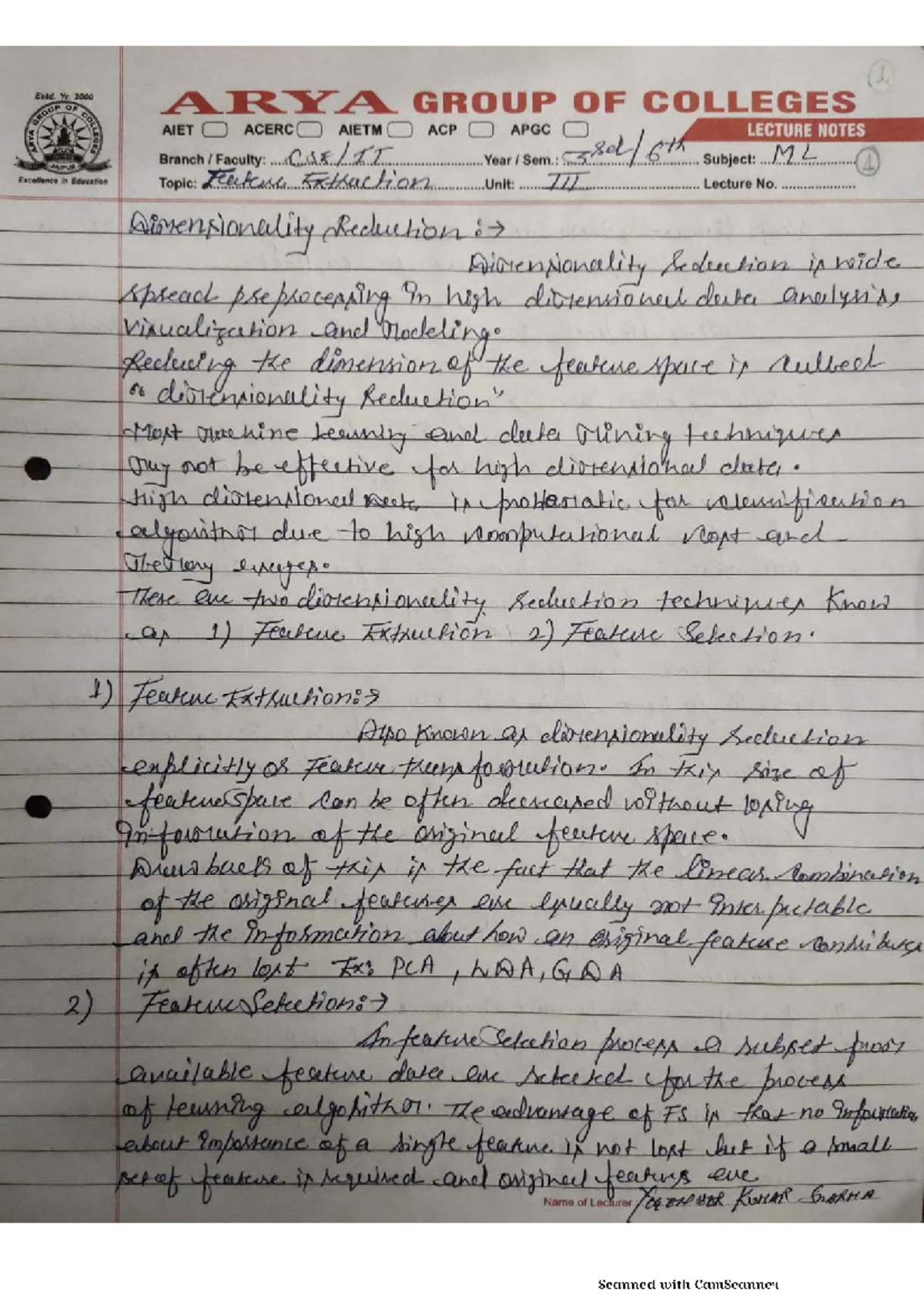 6CS4 ML Unit-3 Lecture Notes: Dimensionality Reduction Techniques - Studocu