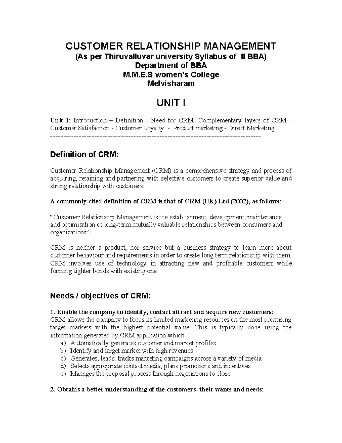 CRM Notes: Understanding Customer Relationship Management (II BBA ...