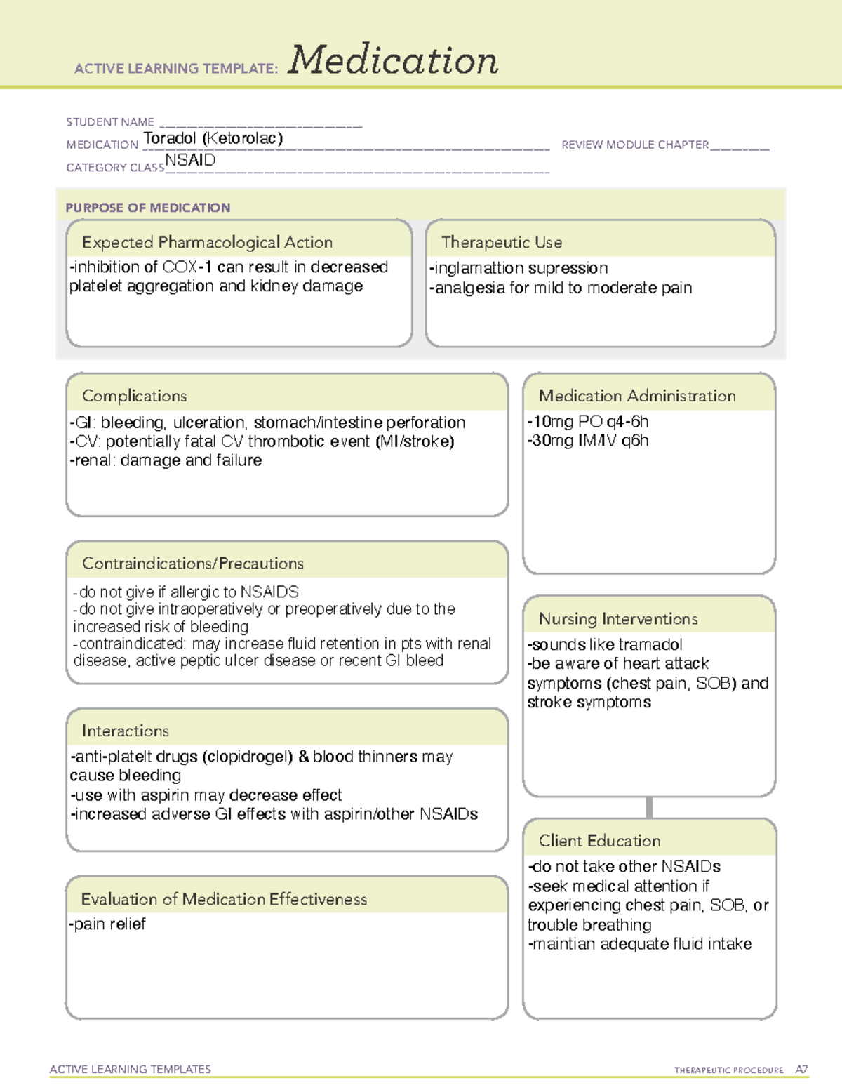 11 Toradol (Ketorolac) - Active Learning Template for Medication - Studocu