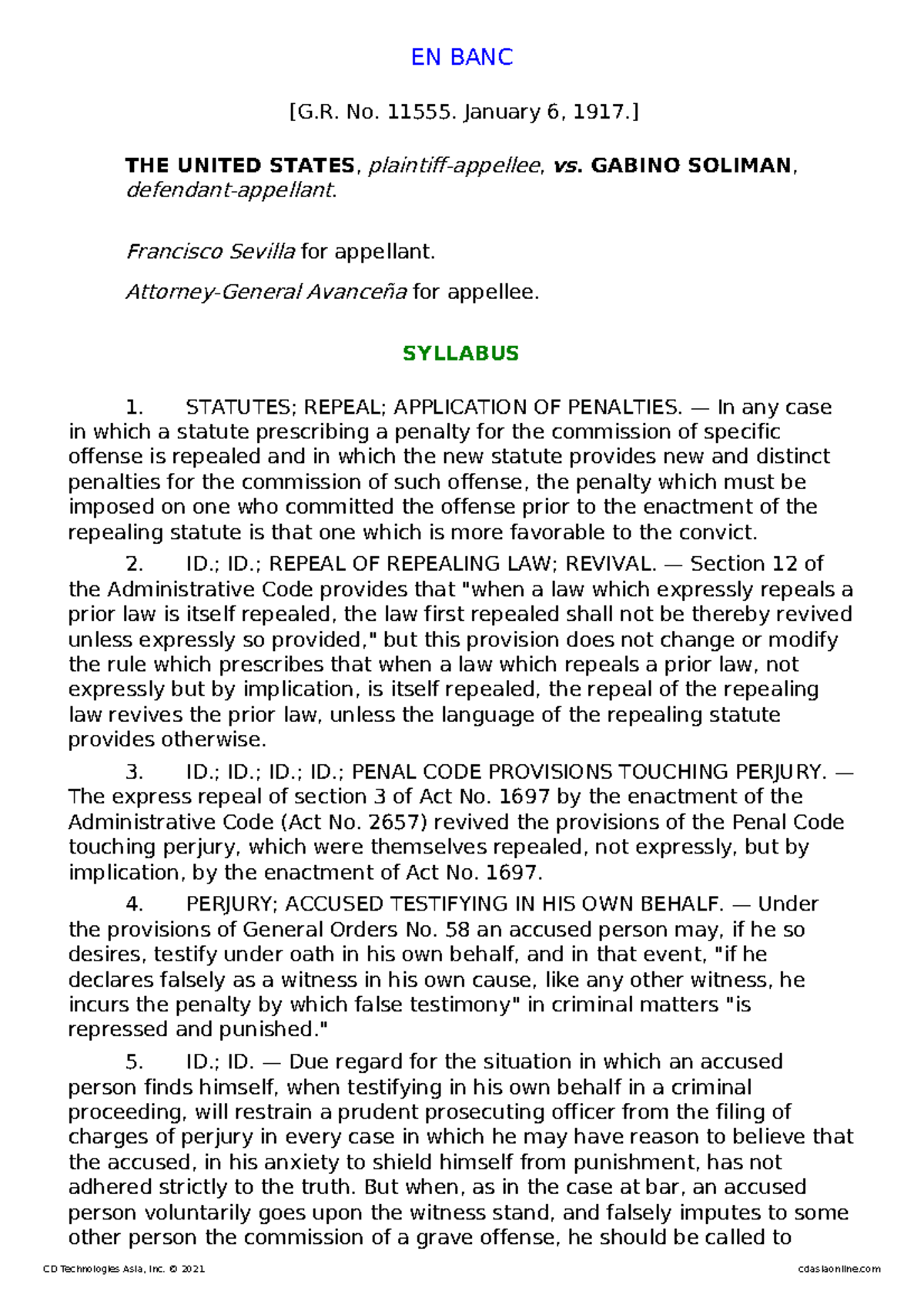 G.R. No. 11555 - U.S. vs. Gabino Soliman: Perjury in Criminal Testimony ...