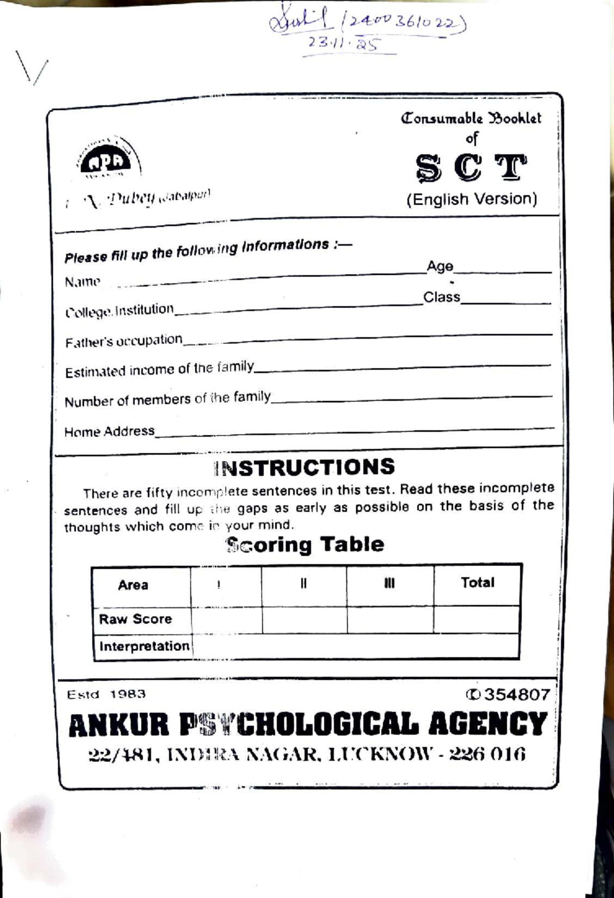 SCT English Version Sentence Completion Test - Counseling Notes - Studocu