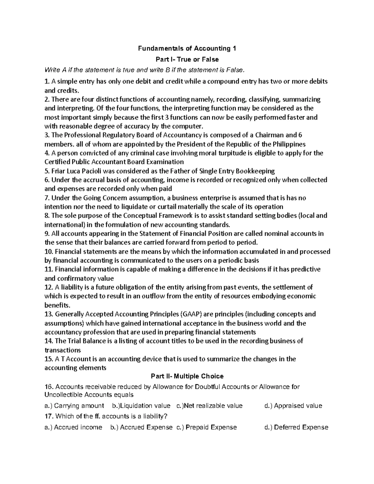 JPIA-Mock-Quiz - practice test - Fundamentals of Accounting 1 Part I ...