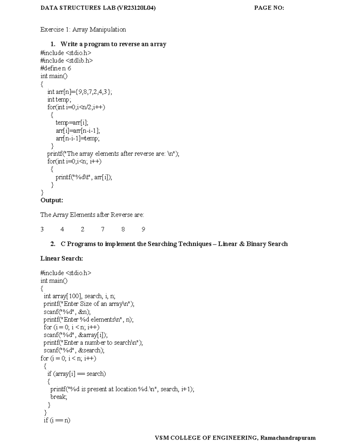Data Structures Lab Manual R23: Array & Linked List Exercises - Studocu