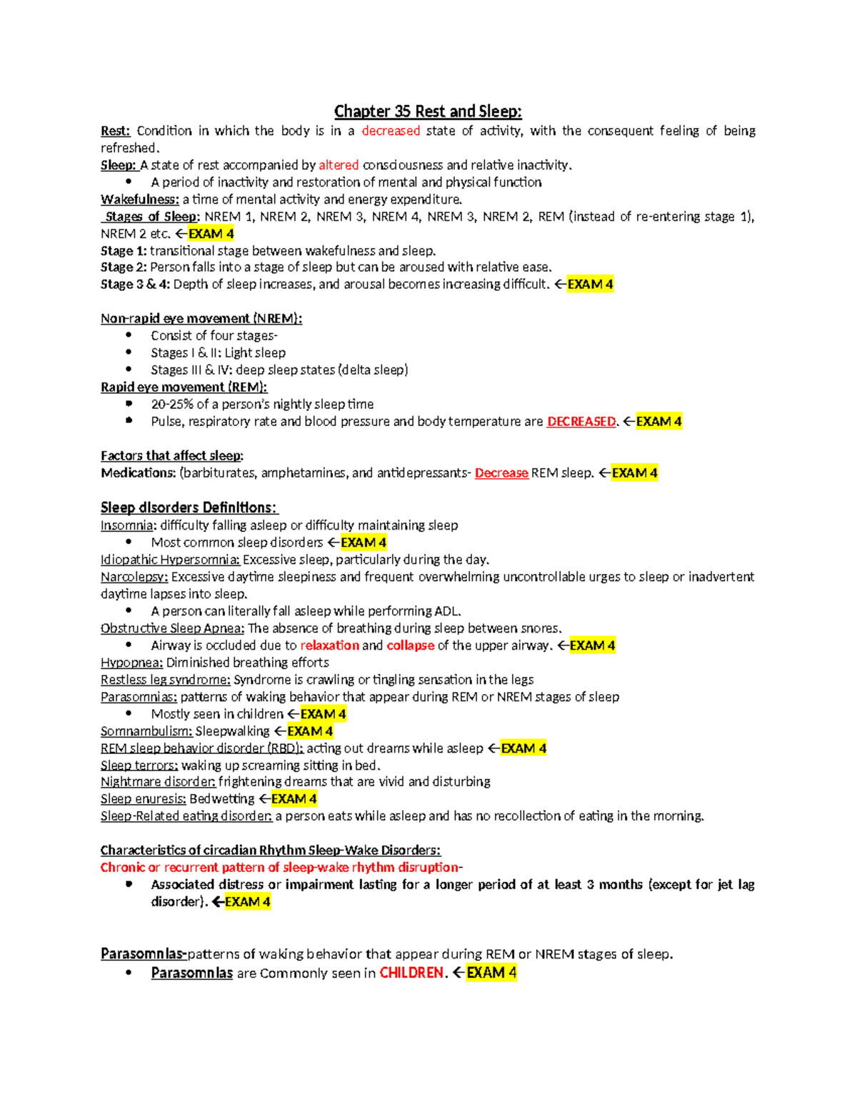 NURS 101 EXAM 4 - Nursing Fundamentals Exam Prep Notes on Sleep, Pain ...