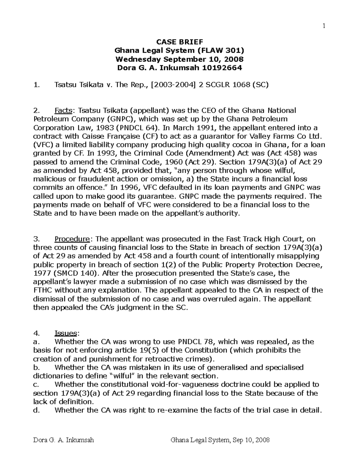 Case Brief: Tsatsu Tsikata v. The Republic (FLAW 301) - Studocu