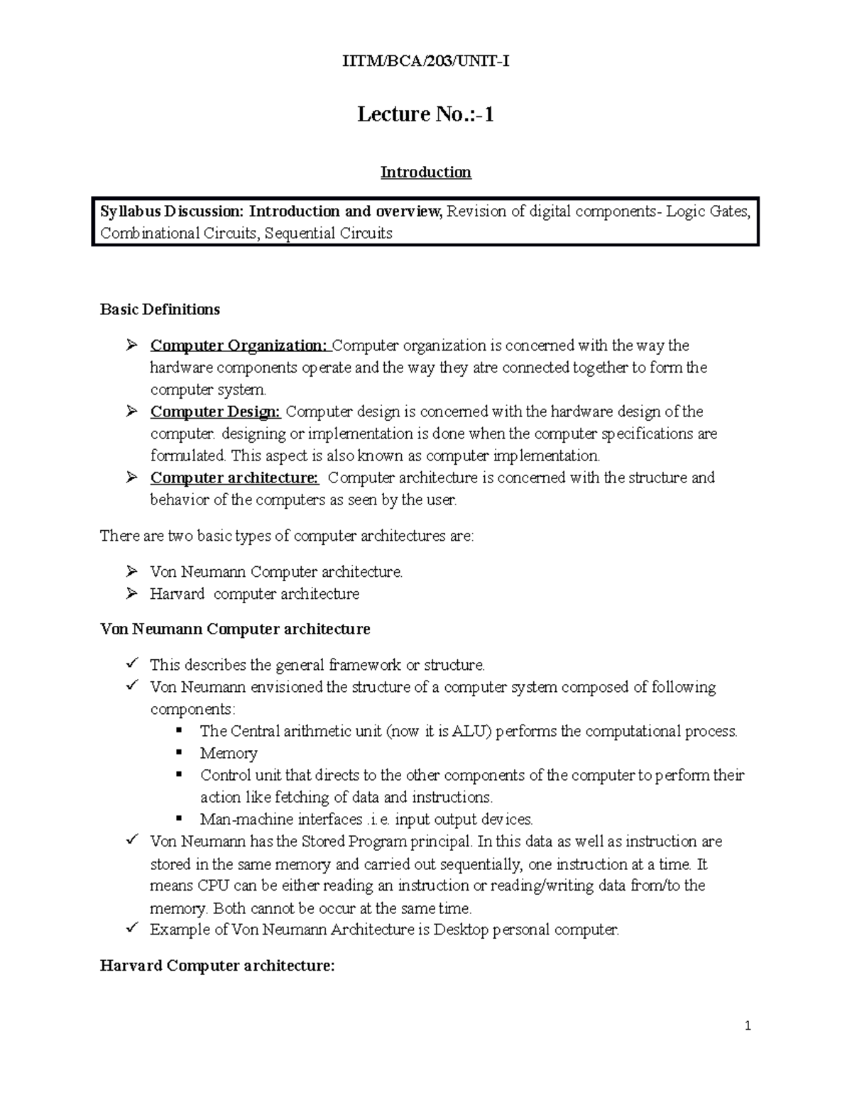 CA unit 1 - Study material. - Lecture No.:- Introduction Syllabus ...