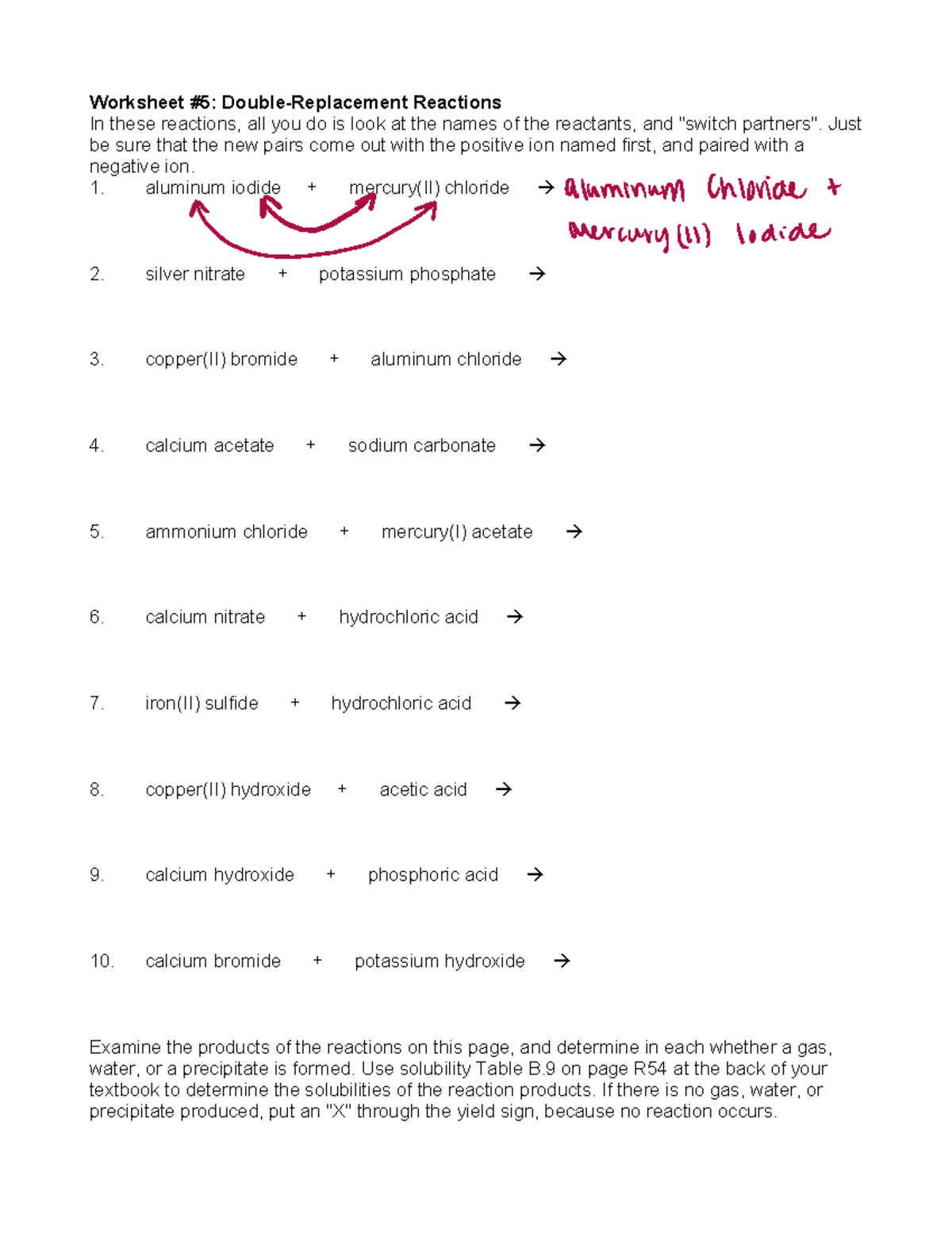Double Replacement Reactions Worksheet Predicting Products