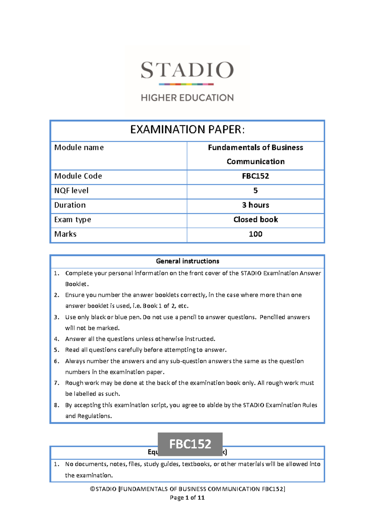 FBC152 - Past Examination Paper for Fundamentals of Business ...