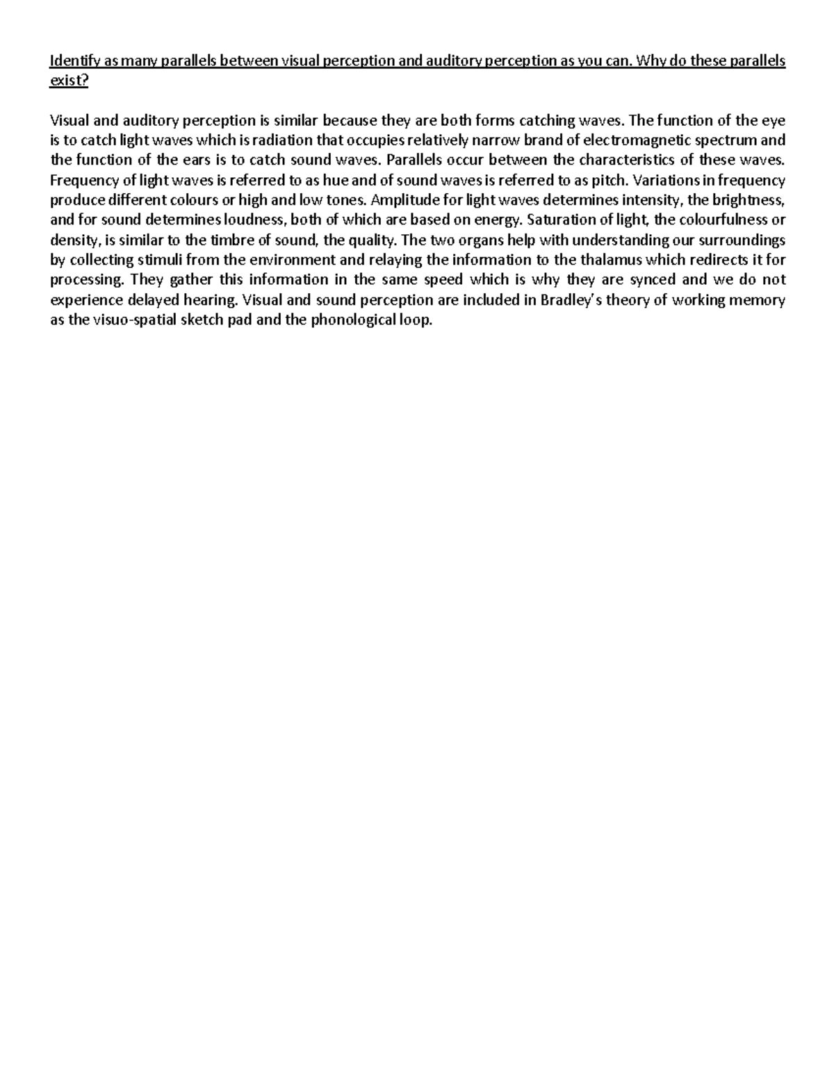 Parallels Between Visual & Auditory Perception in Psychology 101 - Studocu